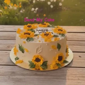 Hand-Piped Sunflower Birthday Cake(Eggless )