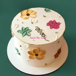 Artisanal Eggless Palette Knife Floral Cake with Personalized Script