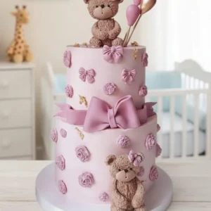 Two-Tier Eggless Pink Teddy Bear & Bow Celebration Cake