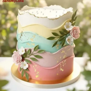 Pastel Wave Eggless Floral Cake with Gold Leaf