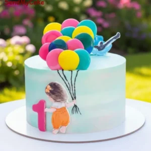 First Birthday Balloon Cake with Little Girl Topper(Eggless)