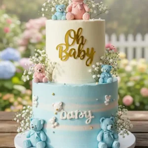 2-Tier "Oh Baby" Teddy Bear Baby Shower Cake (Eggless)