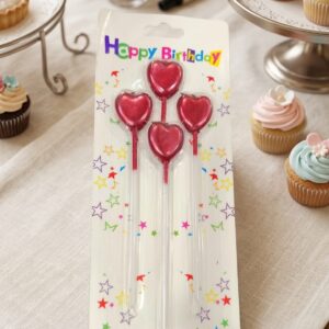 Metallic Red Heart Shaped Cake Decoration Candles - 4 Pieces in 1 Packet