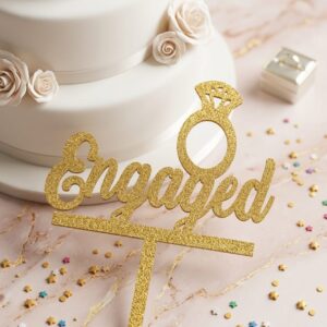 Golden Glitter "Engaged" Cake Topper with Diamond Ring Design - 1 Piece