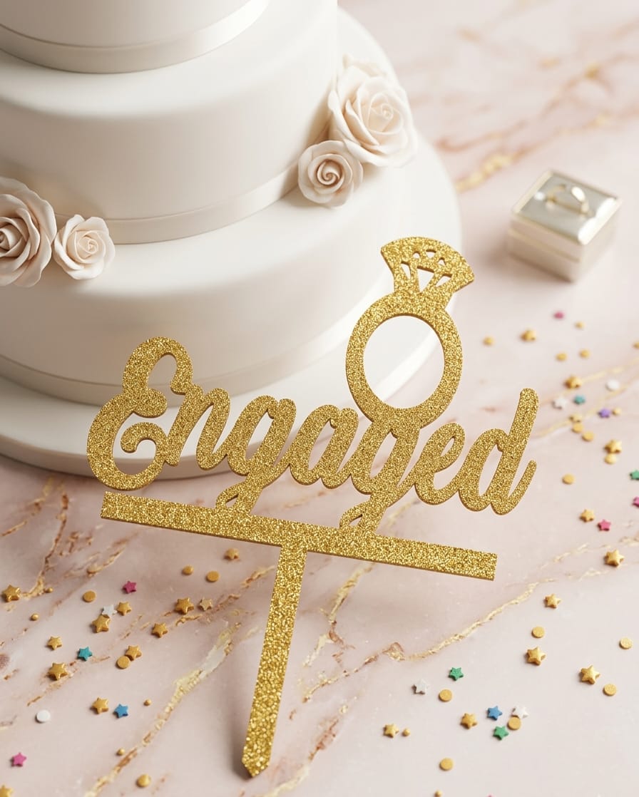 Golden Glitter "Engaged" Cake Topper with Diamond Ring Design - 1 Piece