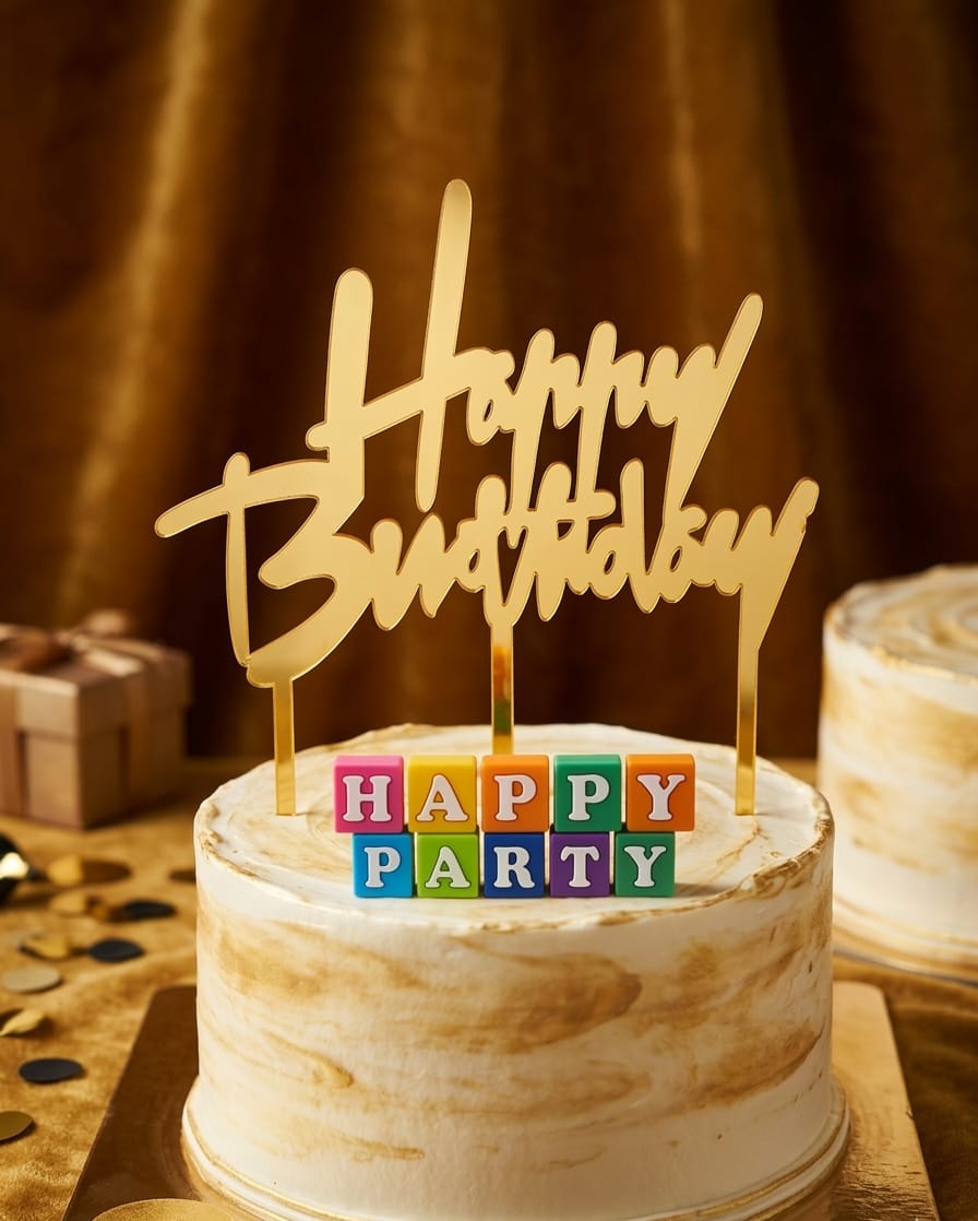 Premium Golden Acrylic "Happy Birthday" Cake Topper - 1 Piece