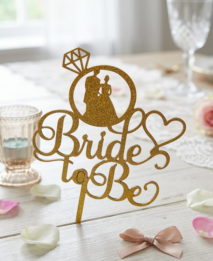 Golden Glitter Bride to Be Cake Topper with Couple Silhouette and Diamond Ring Design - 1 Piece