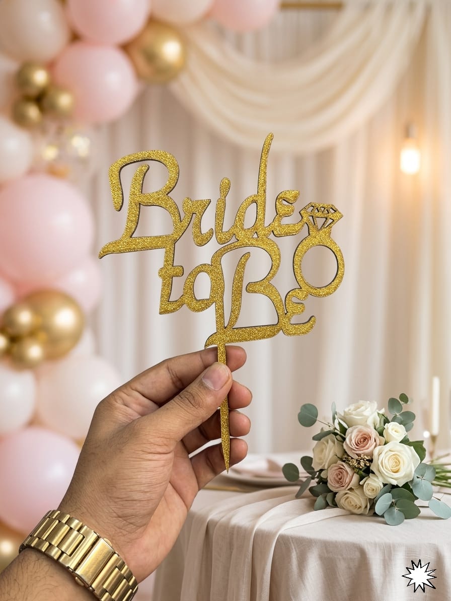 Elegant Gold Glitter Bride to Be Cake Topper with Diamond Ring Accent - 1 Piece