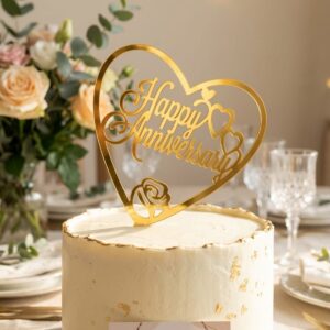 Elegant Golden Acrylic Heart "Happy Anniversary" Cake Topper – 1 Piece