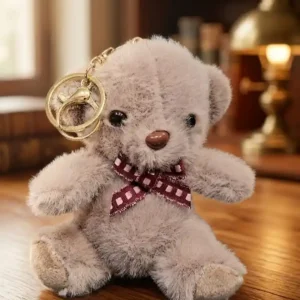 Small Premium Plush Teddy Bear Key Ring with Maroon Checkered Bow