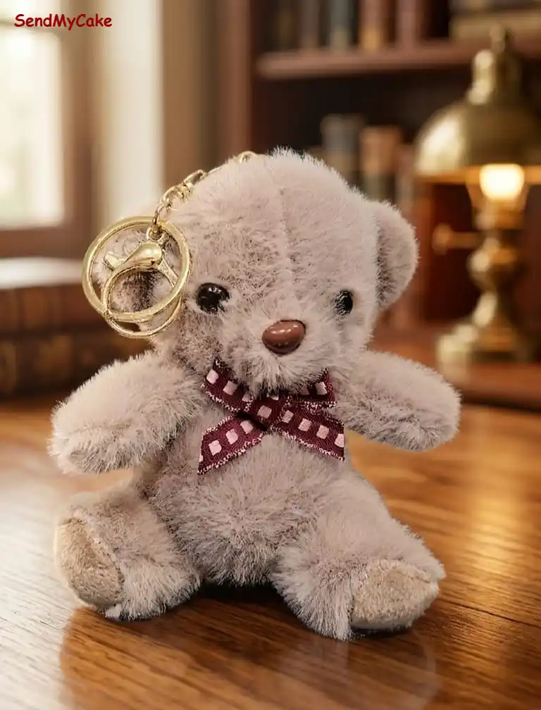 Small Premium Plush Teddy Bear Key Ring with Maroon Checkered Bow