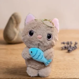 Small Premium Plush Cat Key Ring Holding Blue Fish – Trending Aesthetic Charm