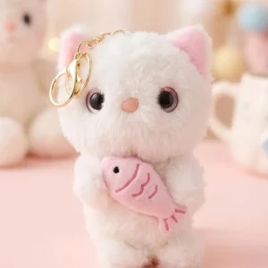 Small Premium White Plush Cat Key Ring Holding Pink Fish – Trending Aesthetic Charm