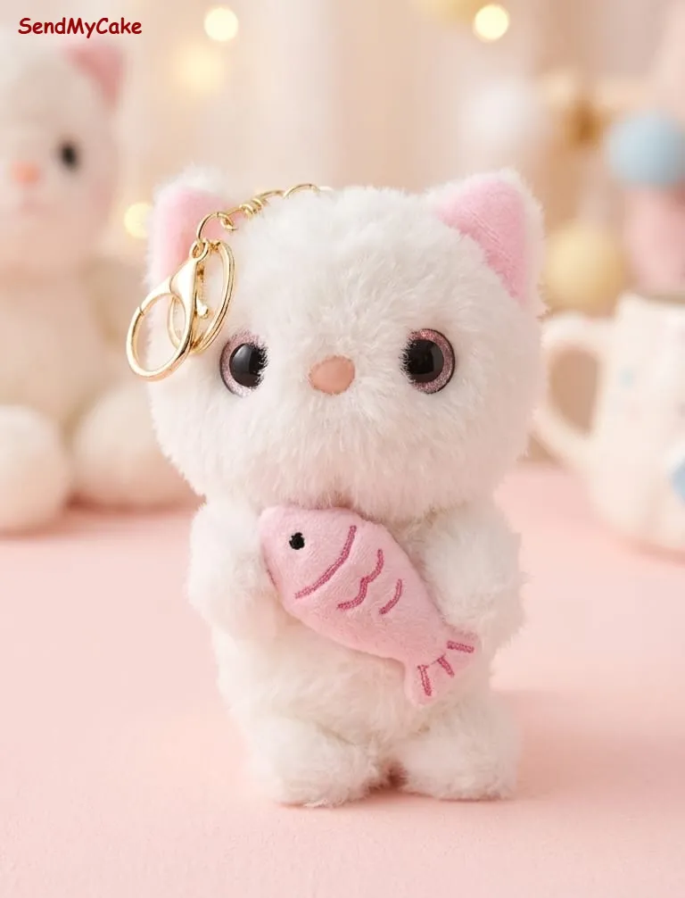 Small Premium White Plush Cat Key Ring Holding Pink Fish – Trending Aesthetic Charm