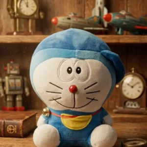 Doraemon Inspired Blue Robot Cat Plush Toy with Stylish Beret Hat 30 cm
