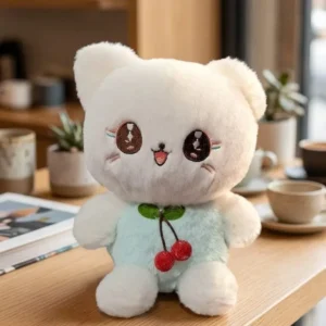Sweet White Kitty Plush Toy with Cherry Mint Outfit 22 cm