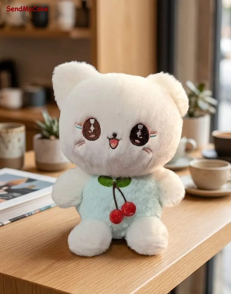 Sweet White Kitty Plush Toy with Cherry Mint Outfit 22 cm