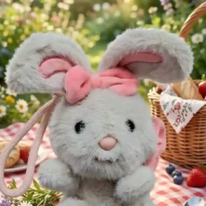 Fluffy Grey Bunny Key Ring with Pink Bow - Small Trending Edition