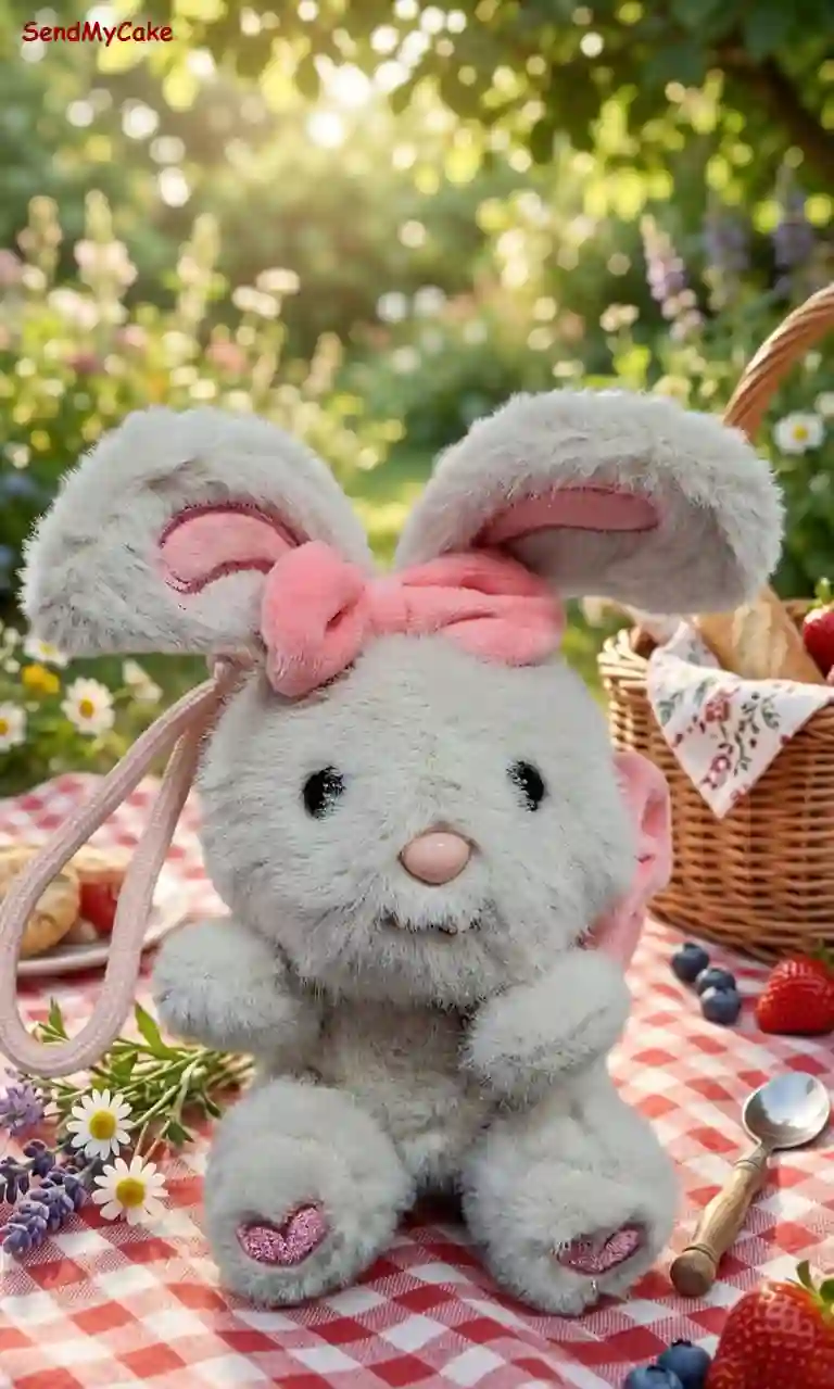 Fluffy Grey Bunny Key Ring with Pink Bow - Small Trending Edition