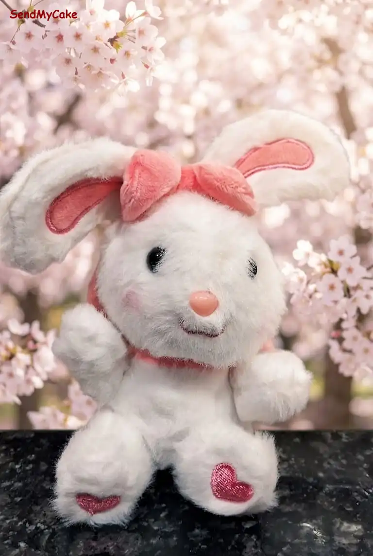Snow White Plush Bunny Key Ring with Pink Ribbon - Small Trending Edition