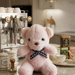Premium Blush Pink Plush Teddy Bear Keyring with Blue Checkered Bow
