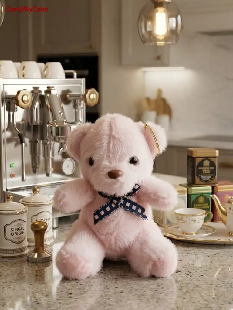 Premium Blush Pink Plush Teddy Bear Keyring with Blue Checkered Bow