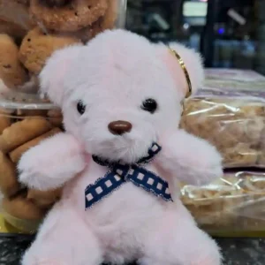 Premium Light Pink Plush Teddy Bear Keyring with Navy Blue Checkered Bow
