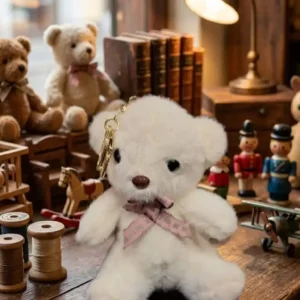 Premium Miniature White Plush Teddy Bear Keychain with Pink Bow