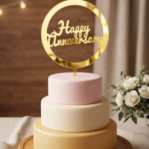 Premium Gold Acrylic Circular "Happy Anniversary" Cake Topper - 1 Piece
