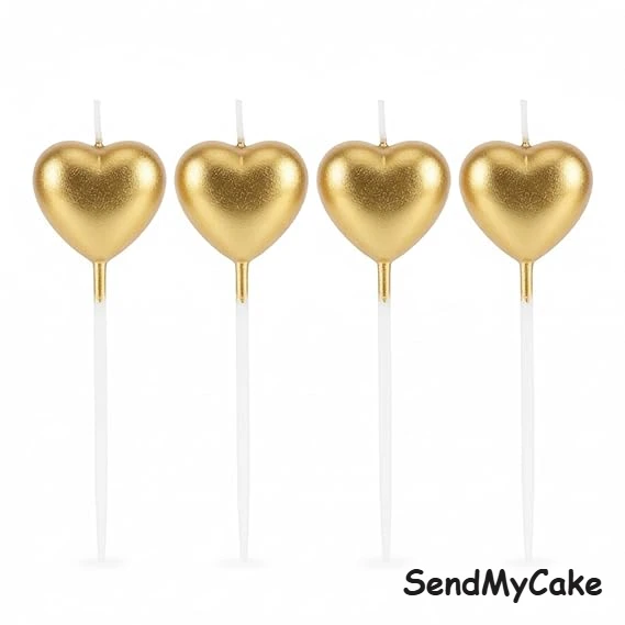 Premium Gold Heart-Shaped Cake Candles - 4 Pieces Per Pack