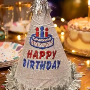 Premium Silver Glitter "Happy Birthday" Party Hat with Tinsel Trim - 1 Piece