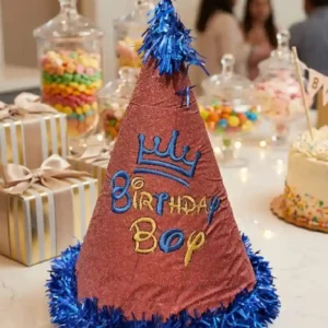 Premium Rose Gold Glitter "Birthday Boy" Party Hat with Blue Tinsel - 1 Piece