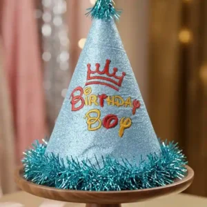 Sky Blue Glitter "Birthday Boy" Party Hat with Teal Tinsel Trim - 1 Piece