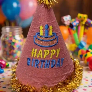 Glittery Rose Pink "Happy Birthday" Party Hat with Golden Tinsel Trim - 1 Piece