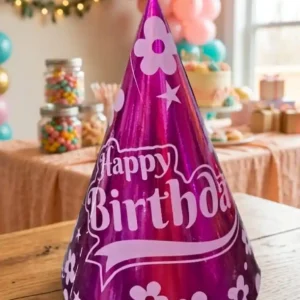 Shiny Metallic Purple "Happy Birthday" Party Hat with Floral Design - 1 Piece