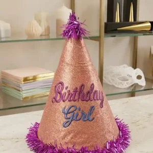 Sparkling Rose Gold "Birthday Girl" Glitter Party Hat with Purple Tinsel – 1 Piece