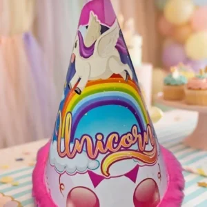 Magical Unicorn and Rainbow Birthday Party Hat with Pink Fur Trim – 1 Piece