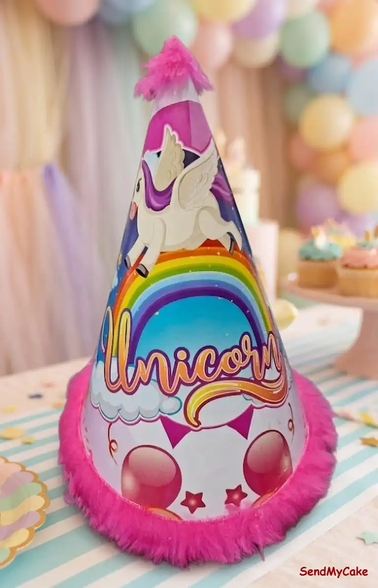 Magical Unicorn and Rainbow Birthday Party Hat with Pink Fur Trim – 1 Piece