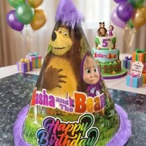 Masha and The Bear "Happy Birthday" Party Hat with Purple Fur Trim – 1 Piece