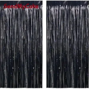 Premium Black Metallic Tinsel Foil Fringe Curtain Party Backdrop - 1 Piece