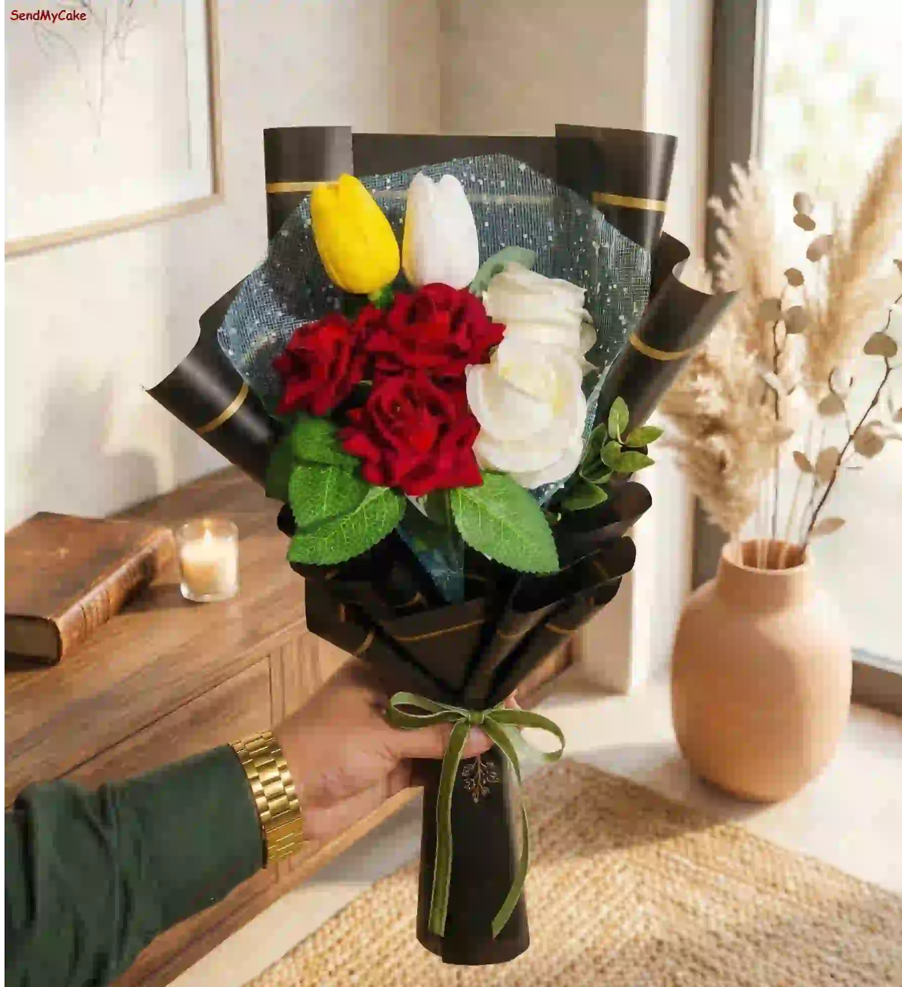 Elegant Artificial Mixed Floral Bouquet in Premium Black Gold-Trim Wrap (45 cm)