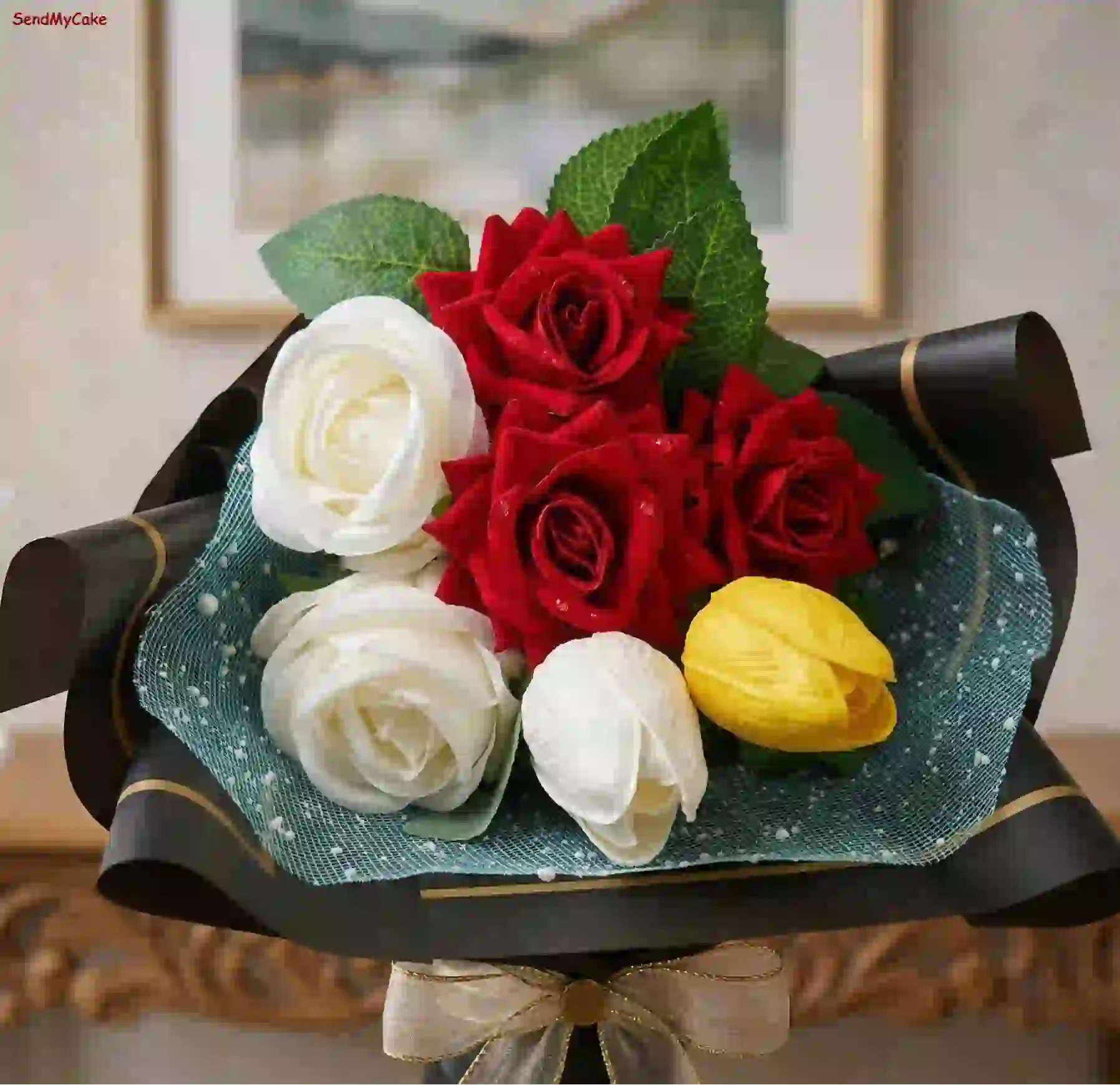 Elegant Artificial Mixed Floral Bouquet in Premium Black Gold-Trim Wrap (45 cm) - Image 2