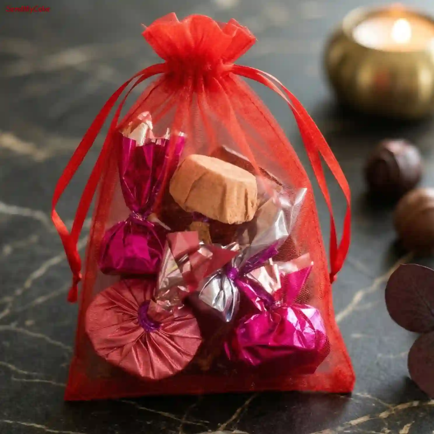 Premium Assorted Gourmet Chocolate Gift Pouch in Vibrant Red Organza Wrap