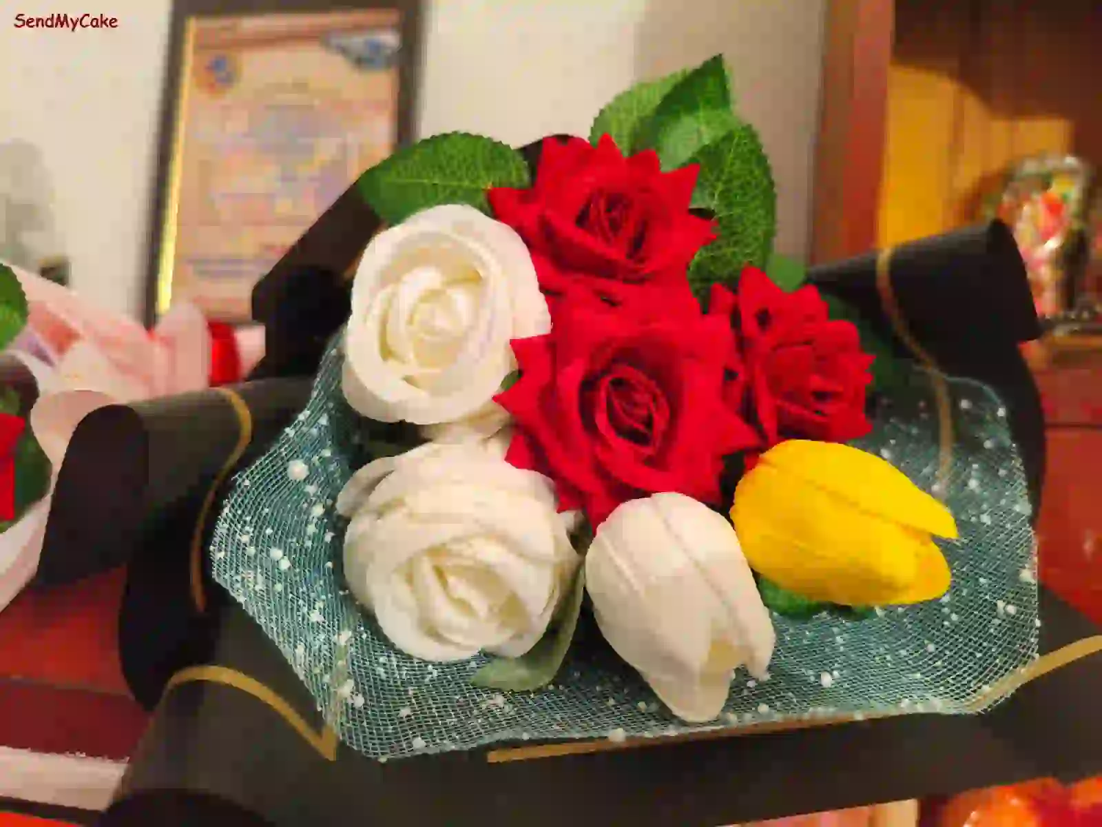 Elegant Artificial Mixed Floral Bouquet in Premium Black Gold-Trim Wrap (45 cm) - Image 3