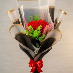 Vibrant Red Carnation & Wildflower Bouquet with Premium Black Gold-Bordered Wrapping - 45 cm