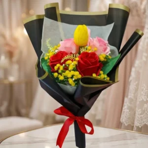 Elegant Mixed Artificial Flower Bouquet with Yellow & Pink Tulips and Red Roses - 45 cm