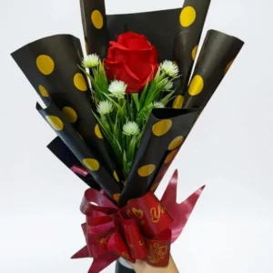 Romantic Single Red Rose Artificial Bouquet with Polka Dot Wrapping - 45 cm