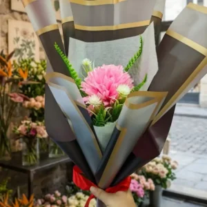 Elegant Artificial Pink Peony Bouquet in Coffee & Gold Wrapping (45cm)