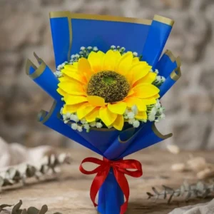 Bright Artificial Sunflower Bouquet in Royal Blue & Gold Wrapping (45cm)