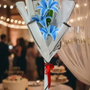 Elegant Artificial Blue Lily Bouquet in Premium White & Gold Wrap (60cm)